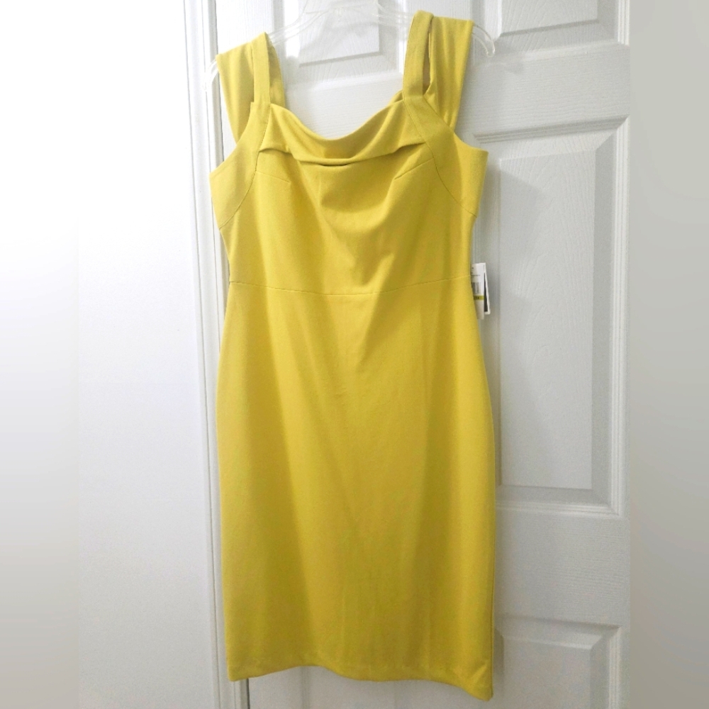 ECI Yellow T Strap Scuba Sheath Dress